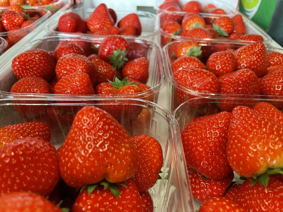 Bakjes verse aardbeien in de verswinkel van De Groe'ne Poort in Groede